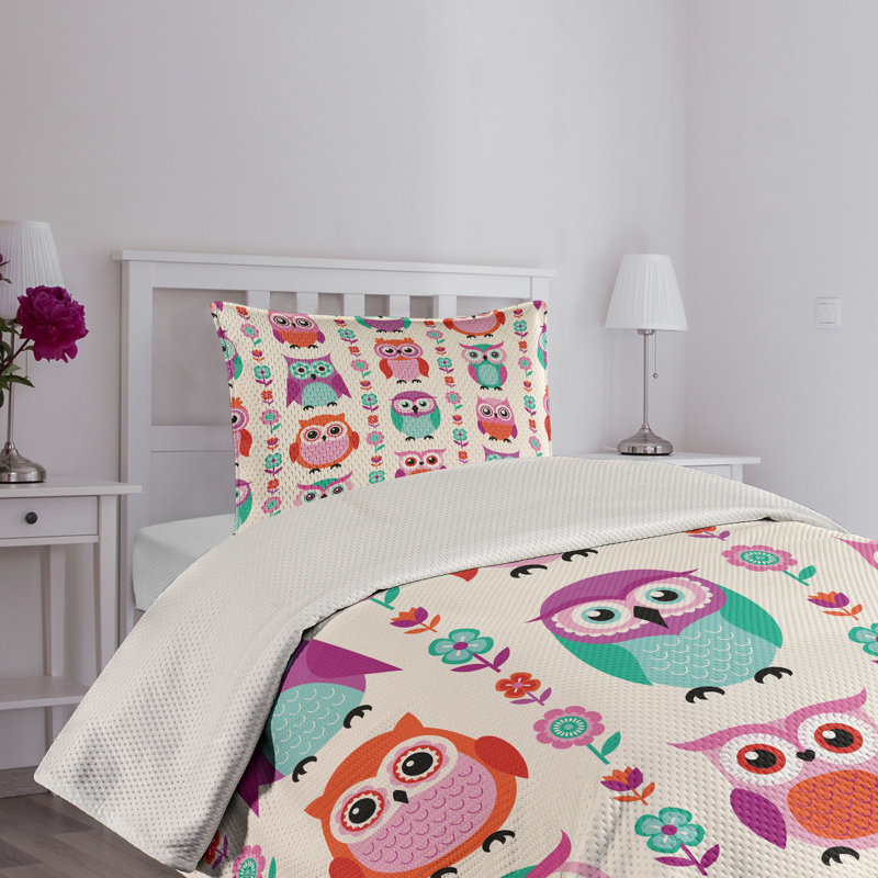 Colorful Owl Print Twin Polyester Bedspread Set