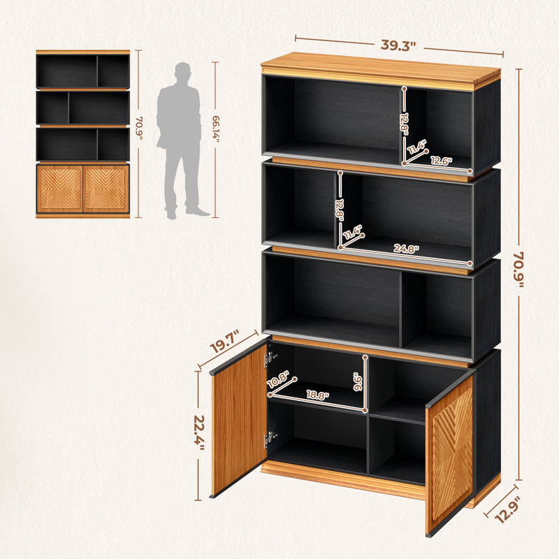 70'' Bookshelf  Bookcase With Storage Cabinet Book Shelf With Doors