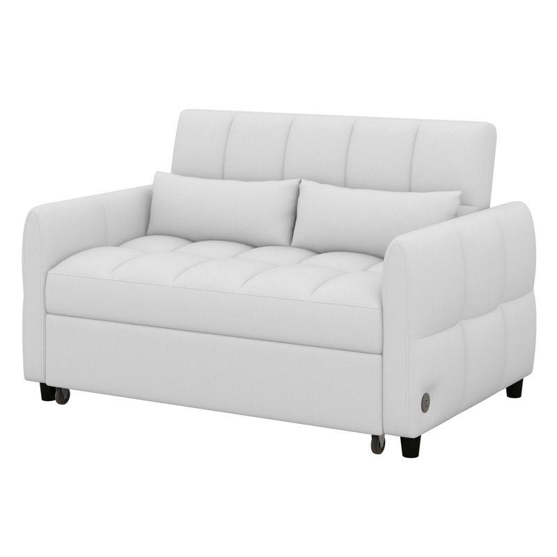 Canapé-lit convertible de 52,8 po, canapé-lit, canapé-lit capitonné en chenille avec dossier réglable, ports USB, Beige
