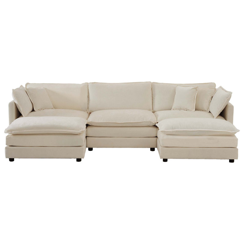 Canapé d'angle moderne convertible 5 places avec 2 repose-pieds réversibles, Beige, H 33 po x l 111,5 po x P 35 po