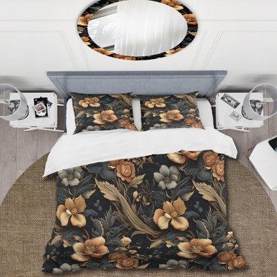 Motif rétro noir Moody - ensemble de housse de couette floral - microfibre de polyester