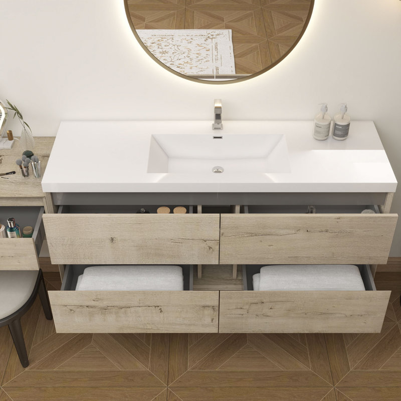 Meuble-lavabo mural 150 po avec évier en acrylique renforcé Aliki, Chêne clair