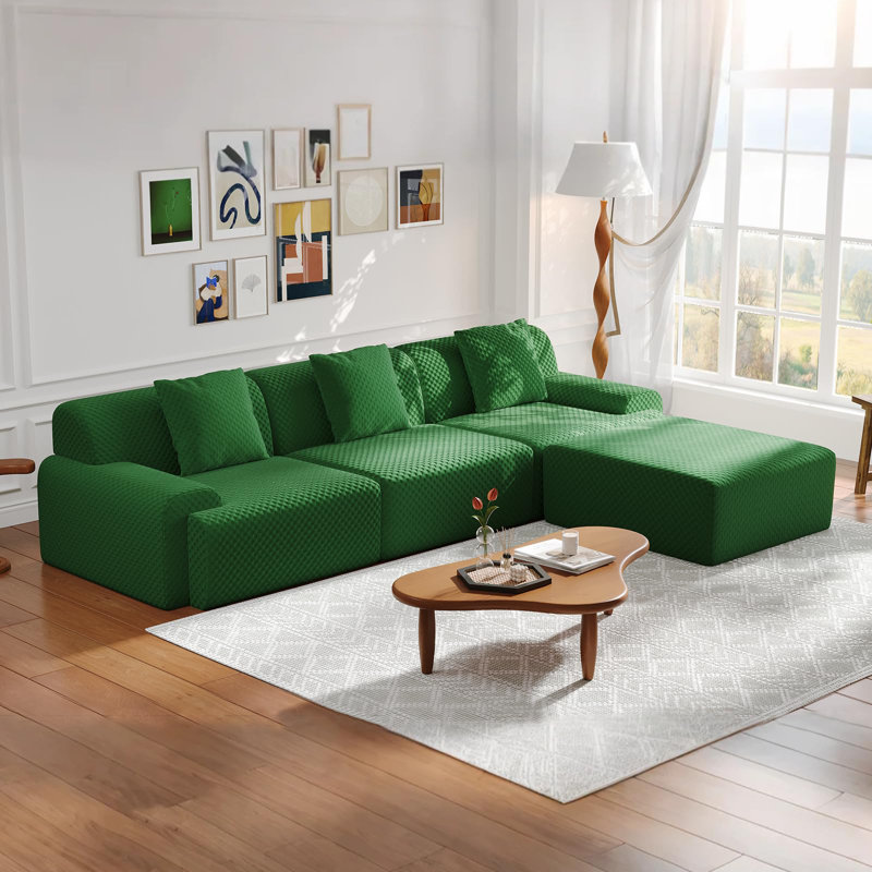 113'' 4-piece Modern Upholstered L-shape Sectional Sofa With Ottoman- Premium Fabric, Green