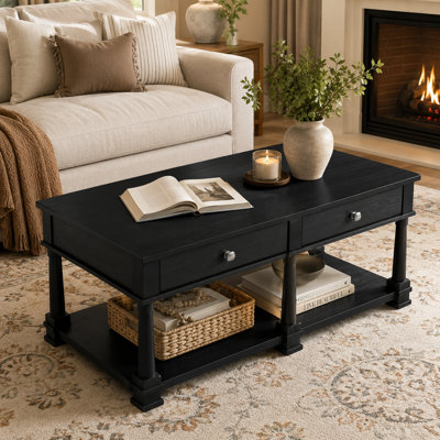 Farmhouse Coffee Table with 2 Storage Drawers and Lower Shelf, Rectangular Wooden Cocktail Table with Solid Wood Legs, Rustic Living Room Center Table