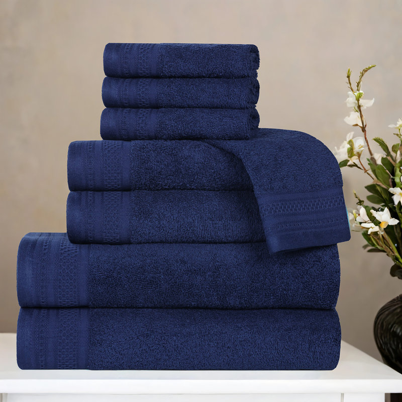 Honeycomb Textured Waffle Border Cotton Medium Weight 8 Piece Towel Set, Navy Peony
