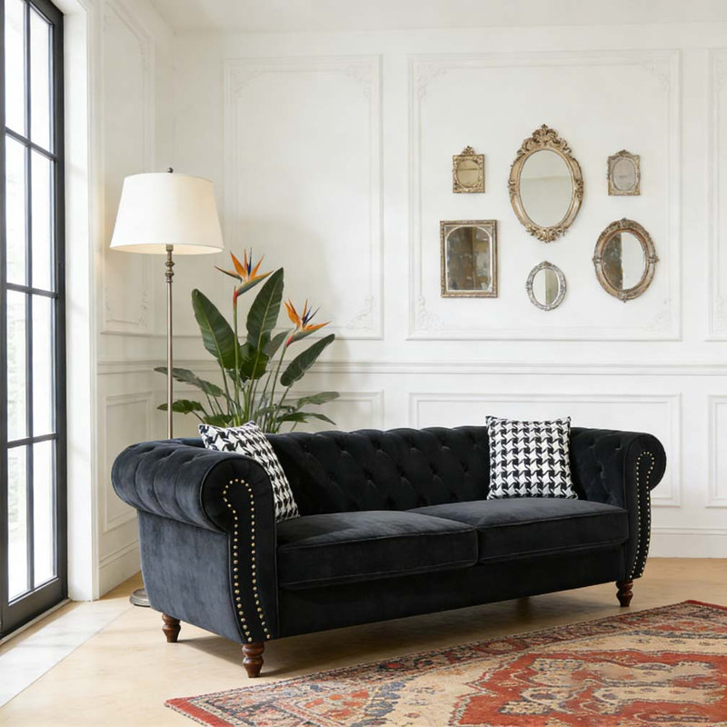Canapé 87 po en tissu d'ameublement Chesterfield, H 29 po x l 87 po x P 33 po, 3, Noir