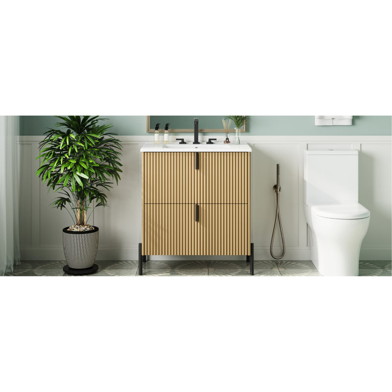Meuble-lavabo de salle de bain 30 po avec lavabo en céramique, tiroir à extension et conception cannelée à la main pour les tiroirs autoportants Mid-Century Modernes, mécanisme de fermeture en douceur