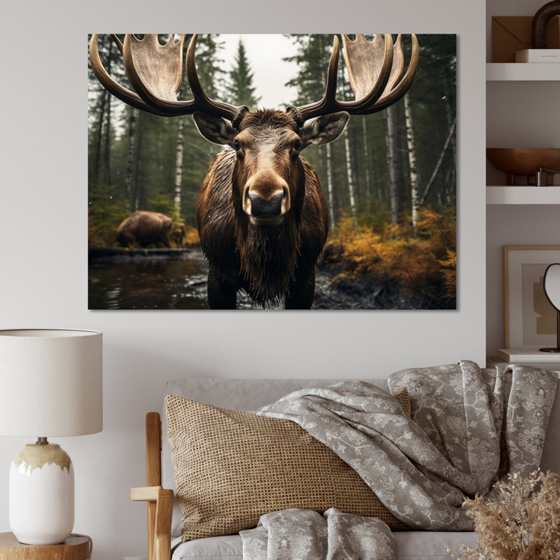 «Brown Yellow Moose Majestic», reproduction sur toile, H 16 po x l 32 po x P 1 po, Toile tendue