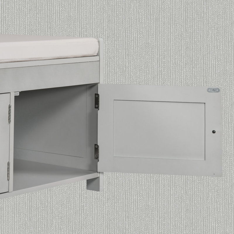 Upholstered Storage Bench with 2 Cabinets, Gray Washed