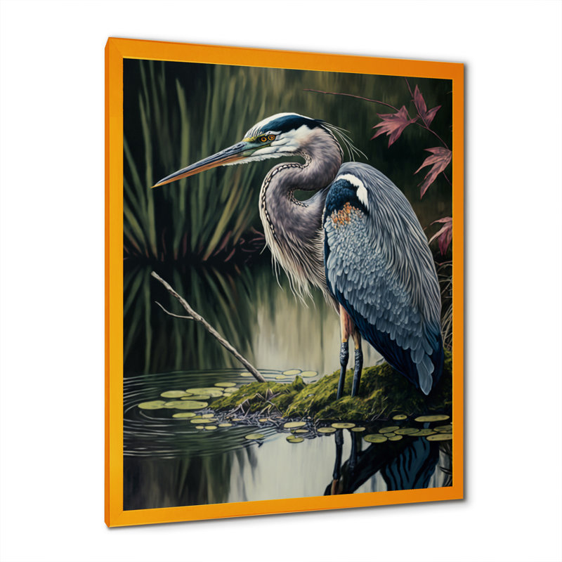 Héron au bord de la rivière - reproduction sur toile, H 32 po x l 24 po x P 1 po, Impression dorée sur toile encadrée