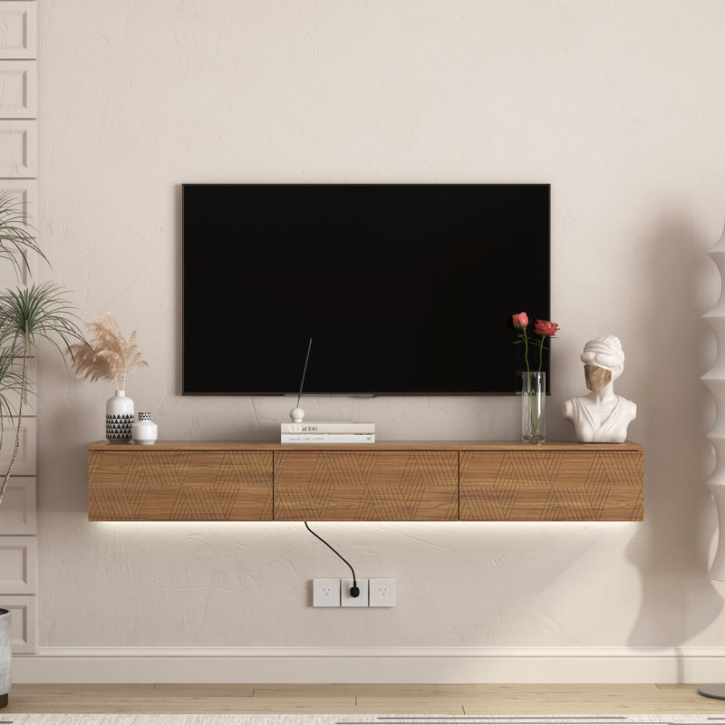 Meuble télé mural flottant de 67 po avec 16 lumières DEL de couleur pour téléviseur de 55 à 65 po | Idée de cadeau, Bois