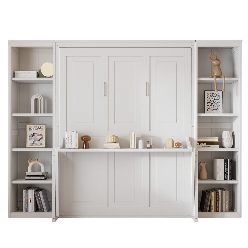 White Solid Pine Murphy Bed with Foldable Desk and Bookshelf Storage, Space-Saving Wall Bed Cabinet with Wood Slat Support for Home Office or Guest Room