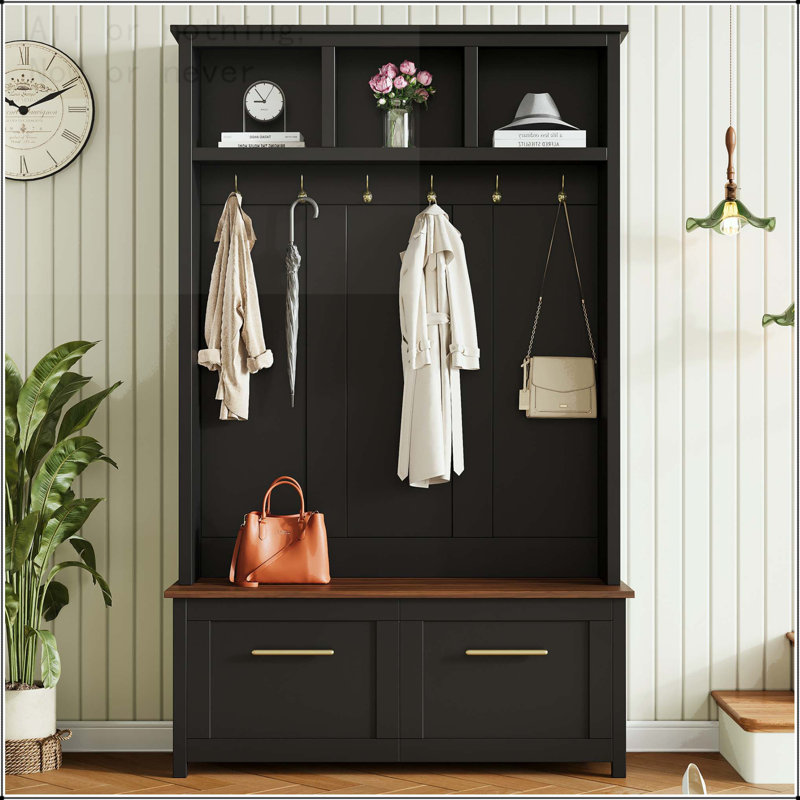 4-in-1 Hall Tree with Golden Hooks and 2 Drawers, White