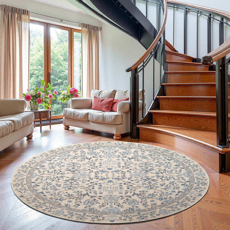 Floral Machine Washable Area Rug, Round 6', Blue