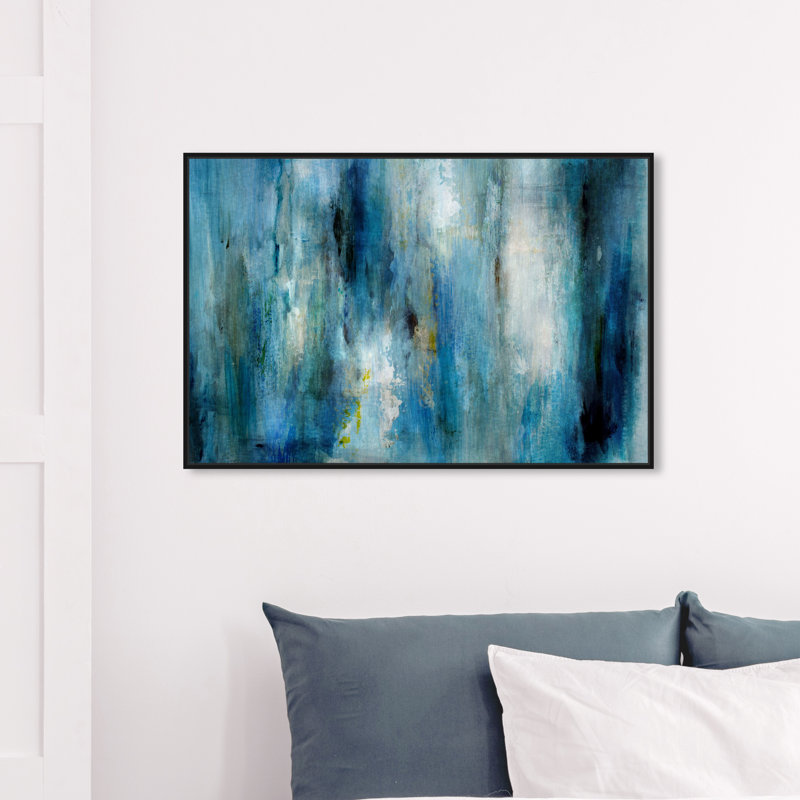 " Abstract Plenty Blue Rain, Modern & Contemporary Blue ", Black Floater Framed, 30" H x 45" W 