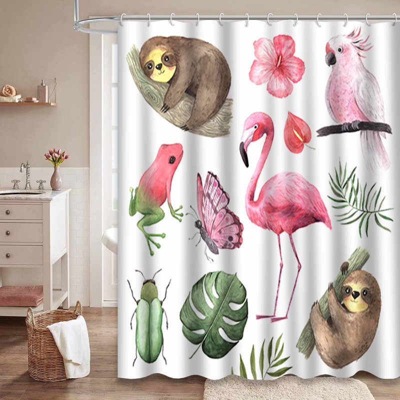 Rideau de douche imperméable aquarelle rose perroquet perroquet papillon grenouille fleurs tropicales avec 12 crochets