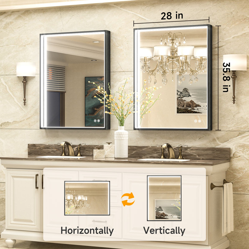 LED Metal Framed Anti-Fog Function 3 Color Adjustment Bathroom Mirror, 36" x 28"