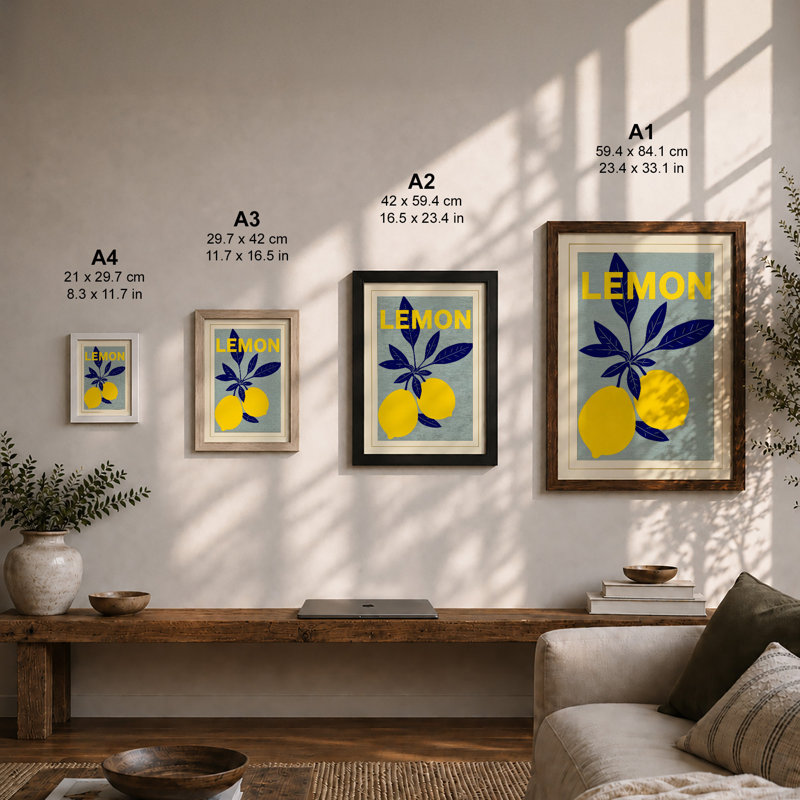 Lemon Modern Poster Mid-Century - Framed Print, A4 - 29.7 x 21.0 cm, Walnut