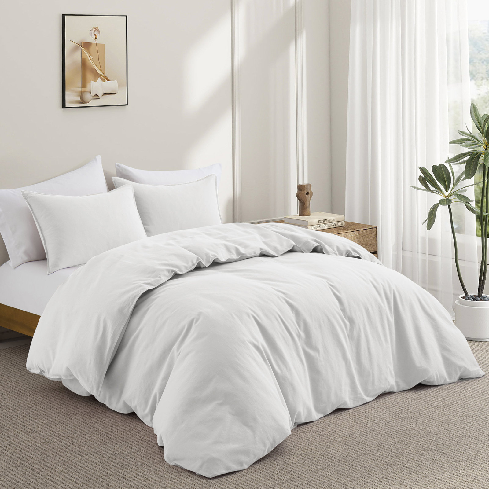 Boseman 100% Linen Duvet Reversible Duvet Cover Set, White, Queen Duvet Cover + 2 Standard Pillowcases