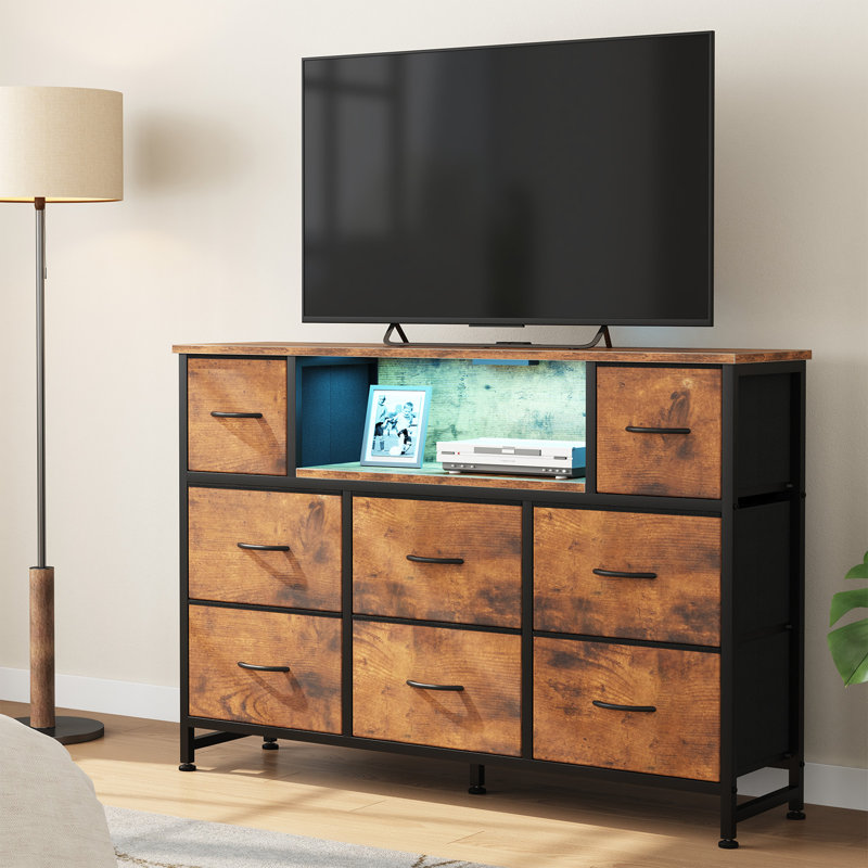 Multi-Functional TV Stand with 8 Drawers & LED Lights, Rustic Brown