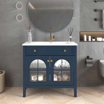 Lavabo de meuble-lavabo 35,6 po avec verre à motif et bande lumineuse à capteur de mouvement, meuble-lavabo sur pied Farmhouse avec rangement, meuble-lavabo haut de gamme pour salle de bain