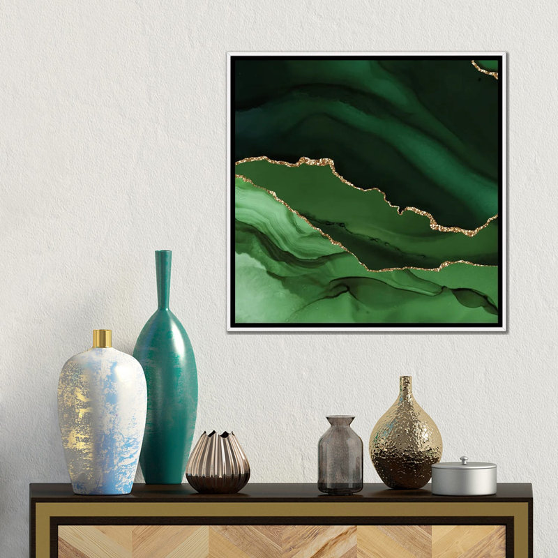Green Gold Agate Texture XII, No Mat, 18" H x 18" W x 1.5" D, White Floater Framed Canvas