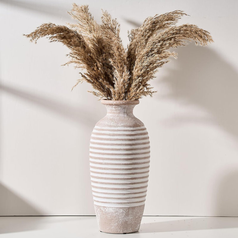 Ceramic Rustic Vase, 14.4 Inch Large Vintage Flower | Threaded Decorative Farmhouse Tall Vase