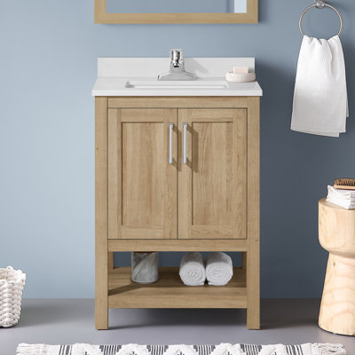 Ensemble de meuble-lavabo à simple cuve 24 po Vegas, chêne blanc, plateau en pierre d'ingénierie blanc tourterelle, quincaillerie chromée