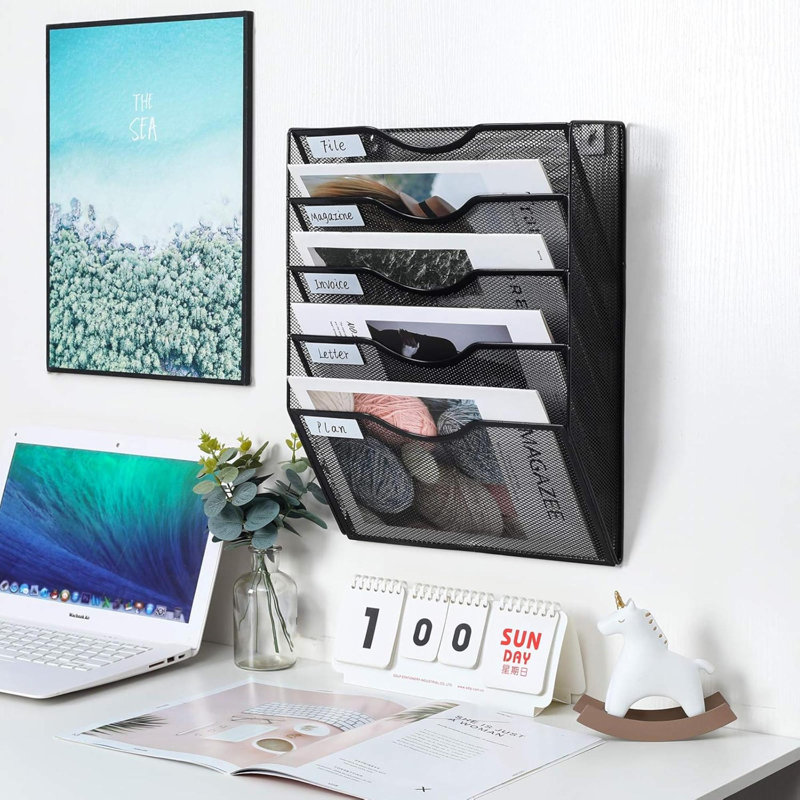 Metal Wall Organizer with Mail Storage, 10.5 cm H x 42.3 cm W x 32.5 cm D, Black