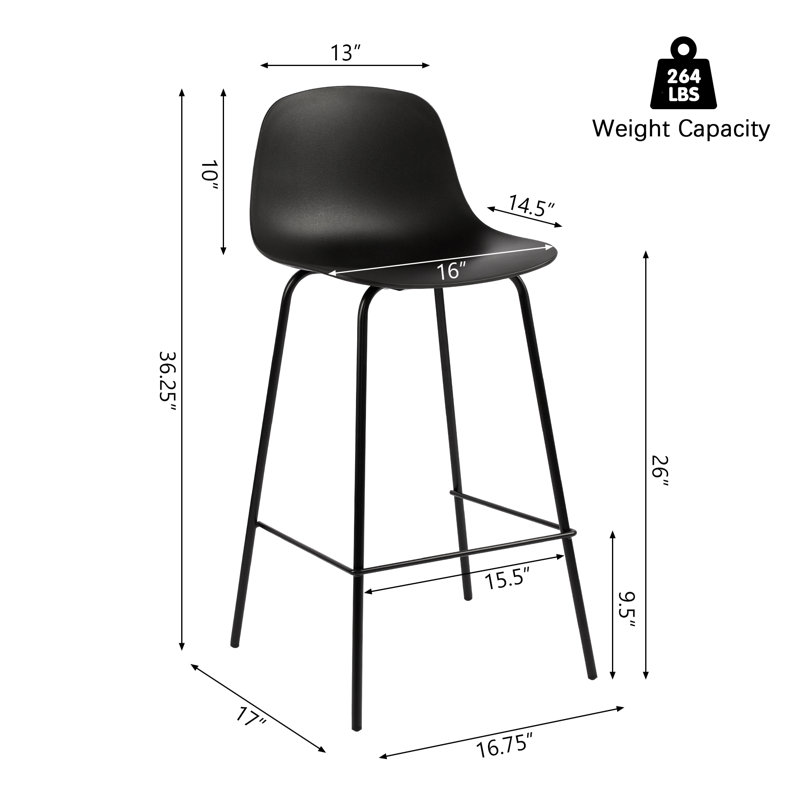 Botyo 26" H Modern Low Back PP Counter Stool with Metal Frame, Black, 4