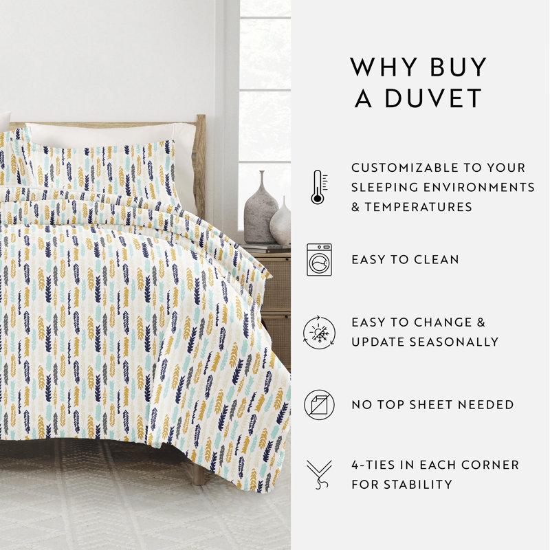 Home Feathers Pattern Duvet Cover Set, Full/Queen Duvet Cover + 2 Standard Shams