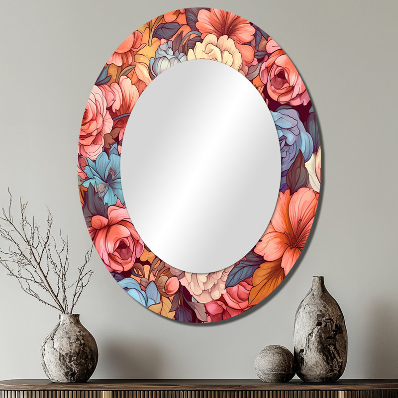 Décoration florale rétro rose et blanche - Miroir mural ovale rose, 40 po x 30 po