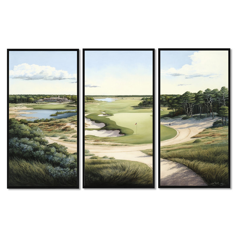 " Golf Course In The Summer " 3 - Pieces, 32" H x 48" W, Framed Print, Black