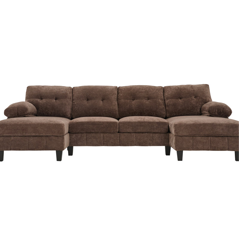 103.5" U-Shaped Chenille Fabric Sectional With Dual Chaise Lounges, Storage Pockets And Soft Armrest Pillows, Suitable For A Stress - Home Brown Couch Two Side Great Relaxed Gathering