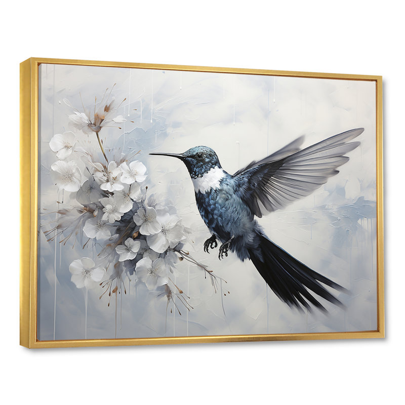 Colibri harmonie florale I sur toile, Cadre flottant doré, H 16 po x l 32 po x P 1 po
