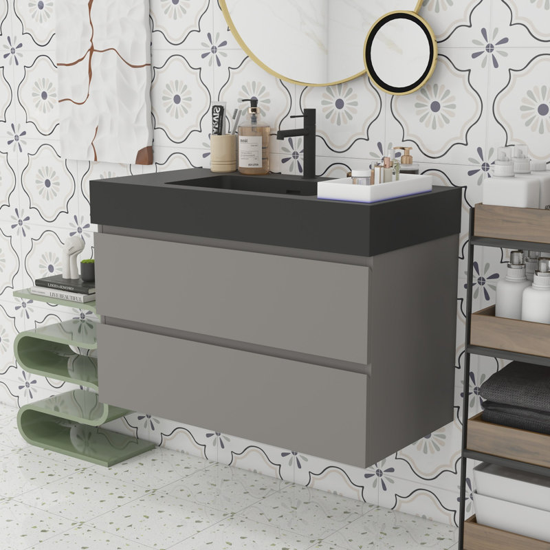 Meuble-lavabo moderne avec lavabo, Gris, Noir