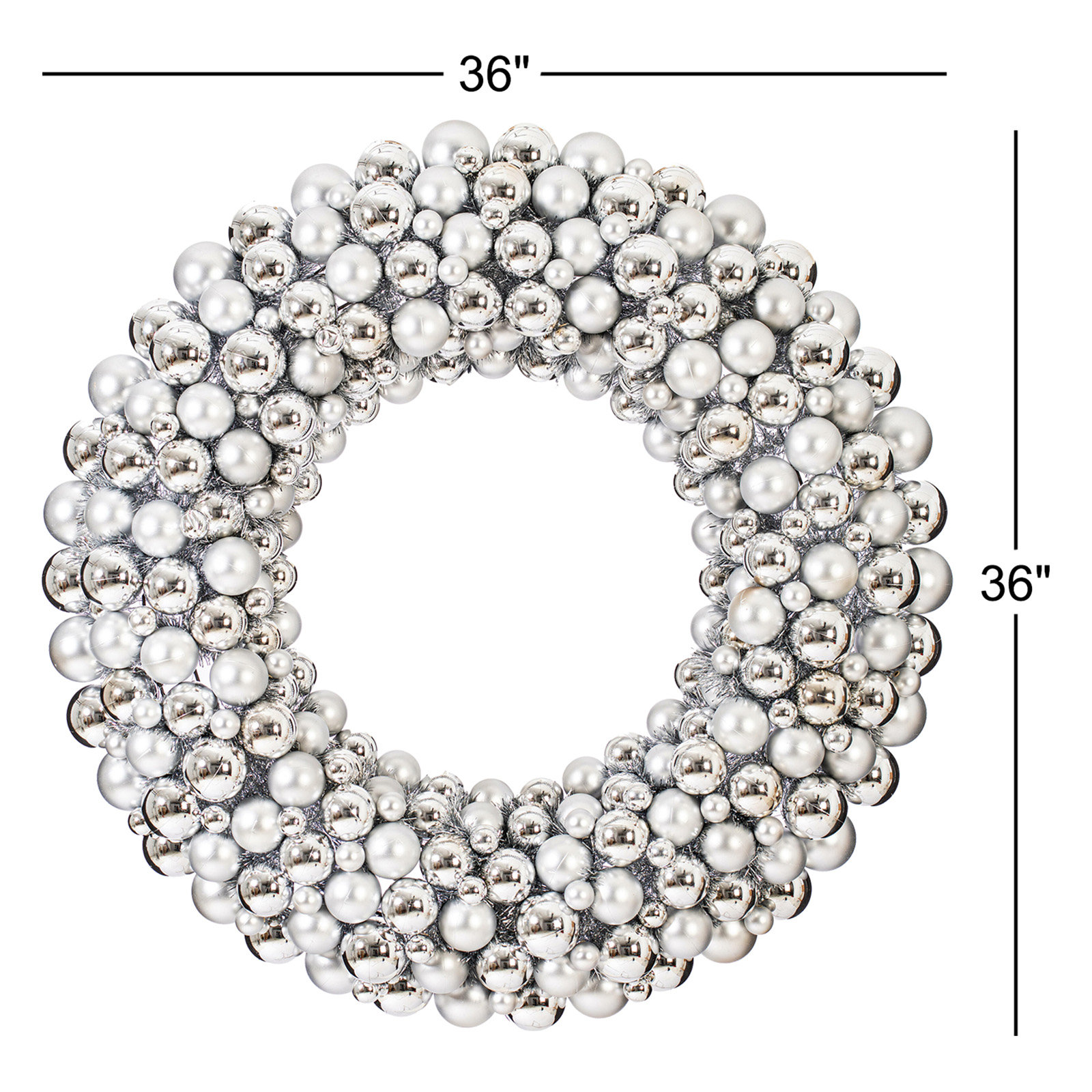 Shiny and Matte Ball Wreath, Silver, 36"
