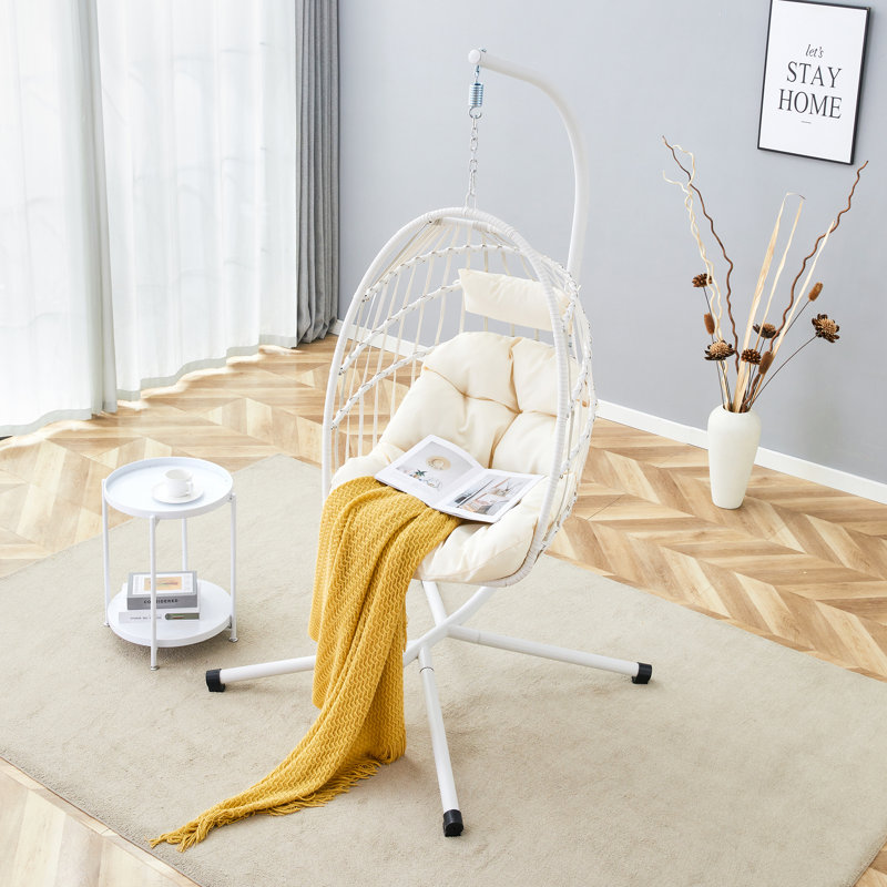  Chaise suspendue en fer robuste avec tissage en osier, balançoire simple intérieur / extérieur, blanc, Blanc, Blanc
