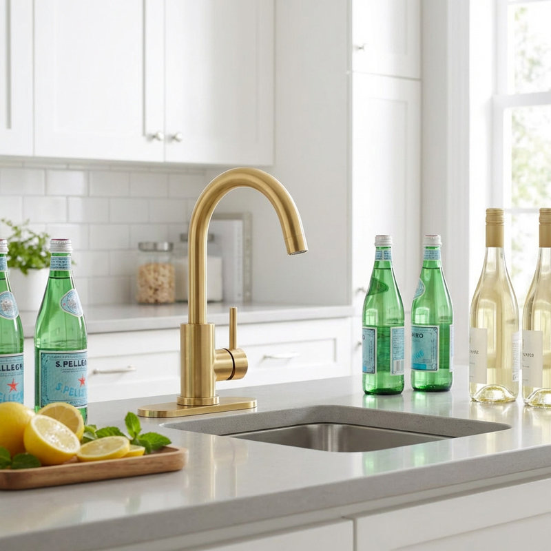 Robinet de cuisine de bar en acier inoxydable à poignée simple avec bec pivotant et plaque de pont, Doré