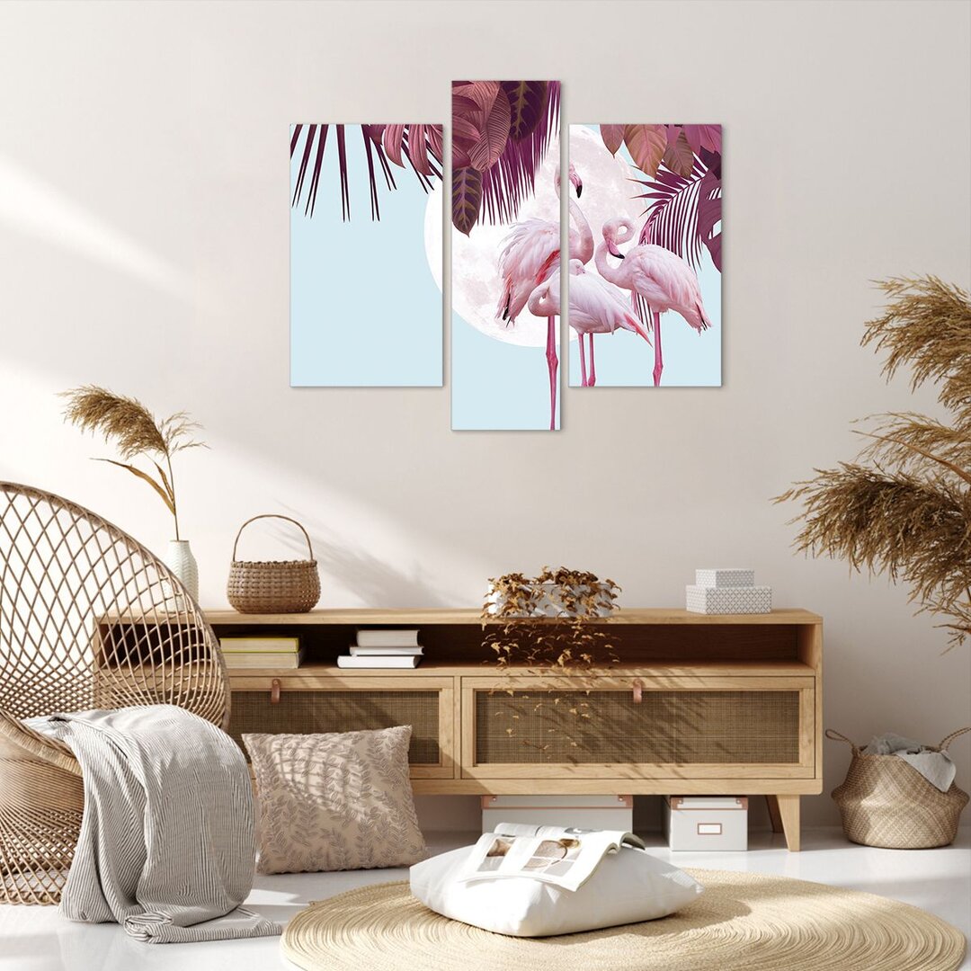 3-tlg. Leinwandbilder-Set Flamingos Palm Trees Moon