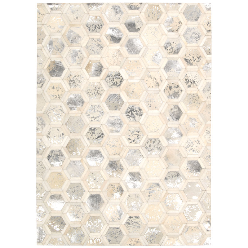 Tonasket Geometric Handwoven Leather Area Rug, Rectangle 5'3" x 7'5", Silver