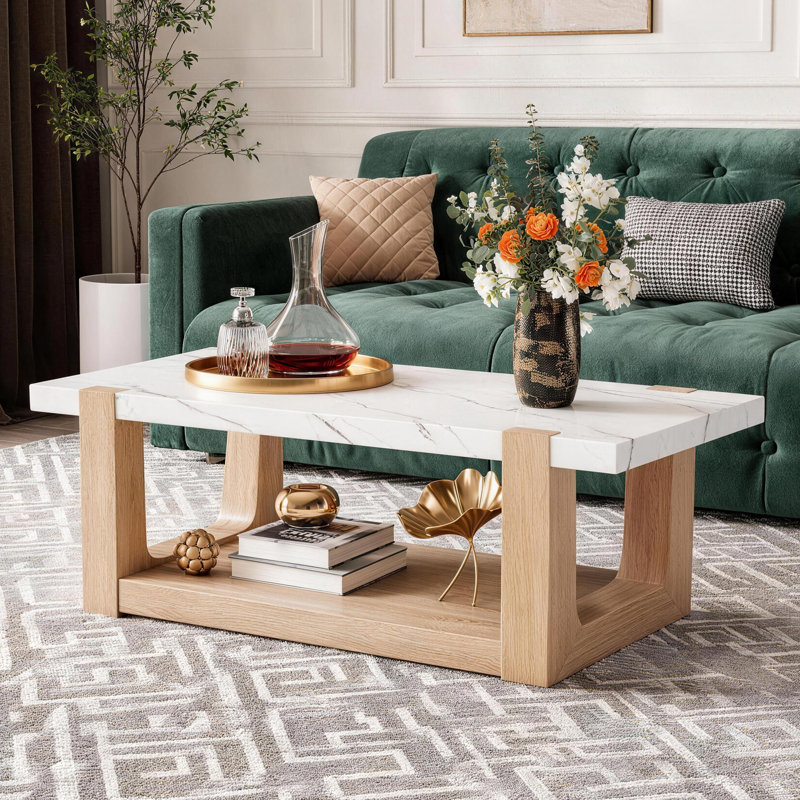 Table basse 48 po à 2 niveaux en faux marbre avec tablette inférieure, Base naturelle