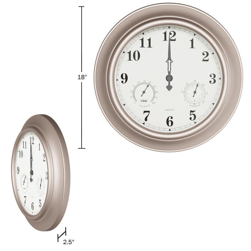 18-Inch Brushed Silver Metal Round Wall Clock with Thermometer