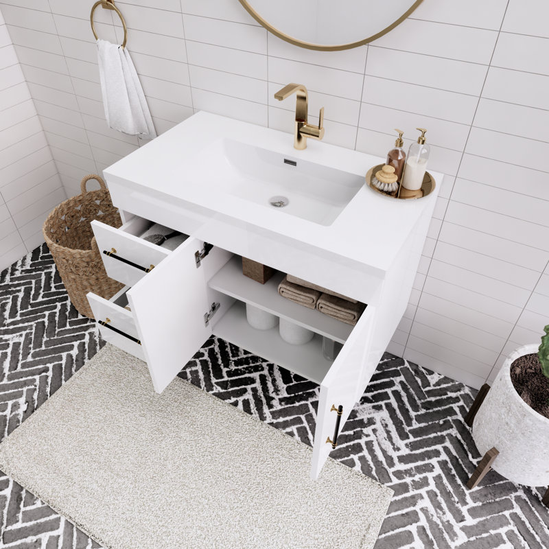 Ensemble de meuble-lavabo simple mural 36 po Spring, Blanc brillant