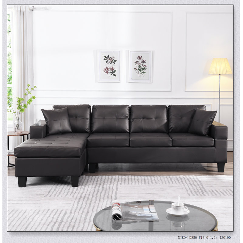 Ensemble de canapé modulaire pour salon avec méridienne en L et porte-gobelet, Simili cuir brun foncé, Orienté à droite