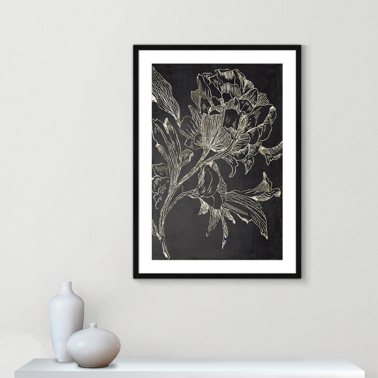 Golden Flower Folklore I by Asia Jensen - Picture Frame Graphic Art Print, Black Framed, 35.5" H x 25.5" W