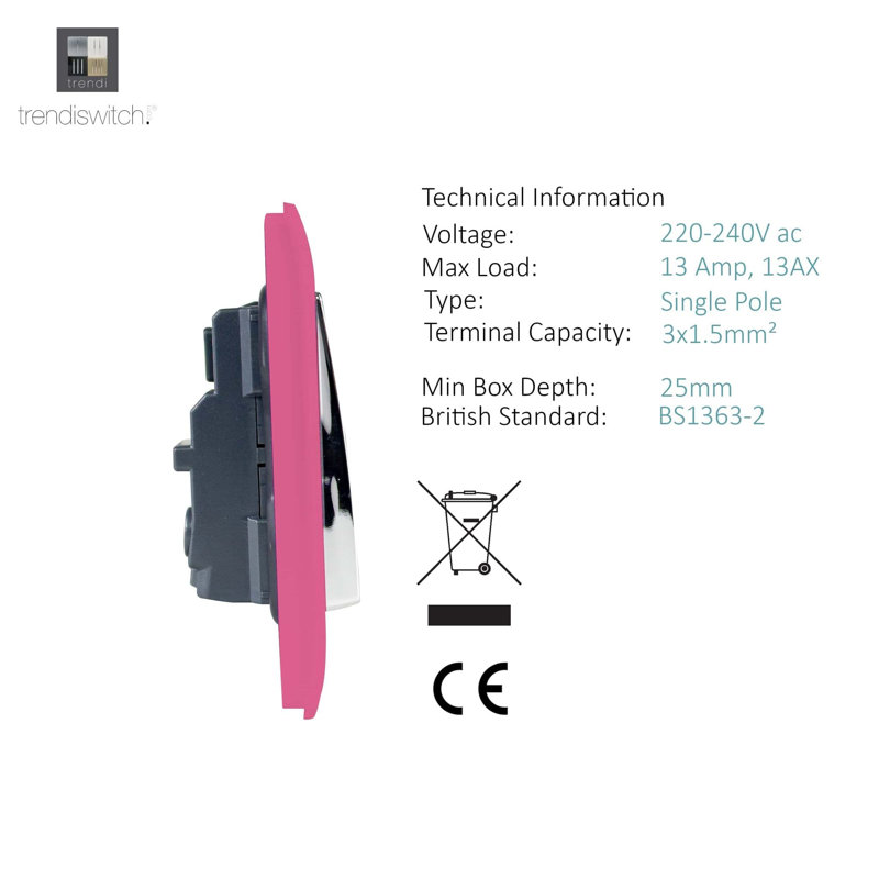 Trendi Switch 1 Gang 13 Amp Switched Plug Socket, Pink