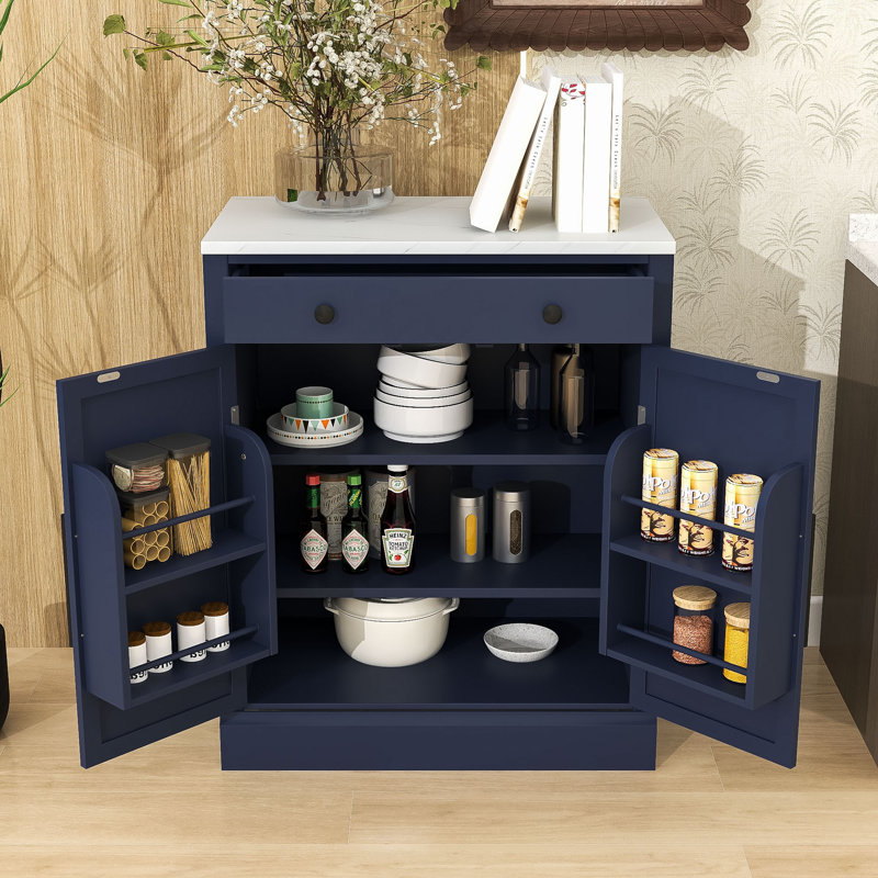Kitchen Pantry with Faux Marble Top, Adjustable Shelves, Pull-out Drawer and Cabient, Blue