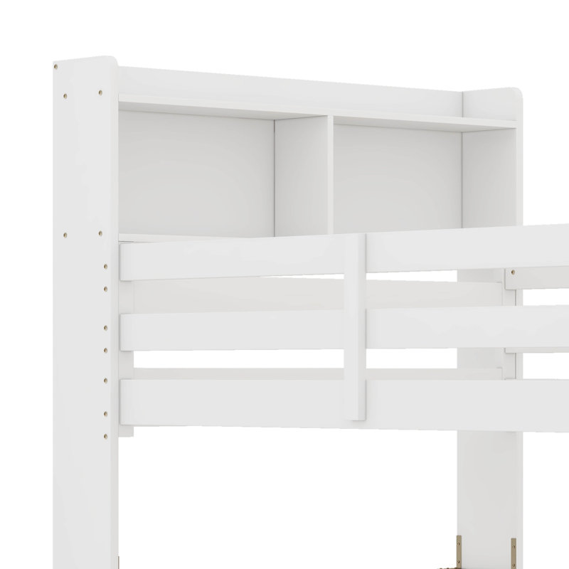 Lit superposé simple au-dessus de simple avec tablettes, lit en bois d'hévéa avec tête de lit à tablettes, barrières de sécurité et échelle, convertible en 2 lits