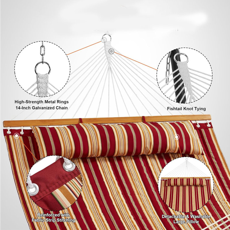 Double Hammock with Hardwood Spreader Bars, 2 Person Quilted Hammock with Detachable Pillow and Chains